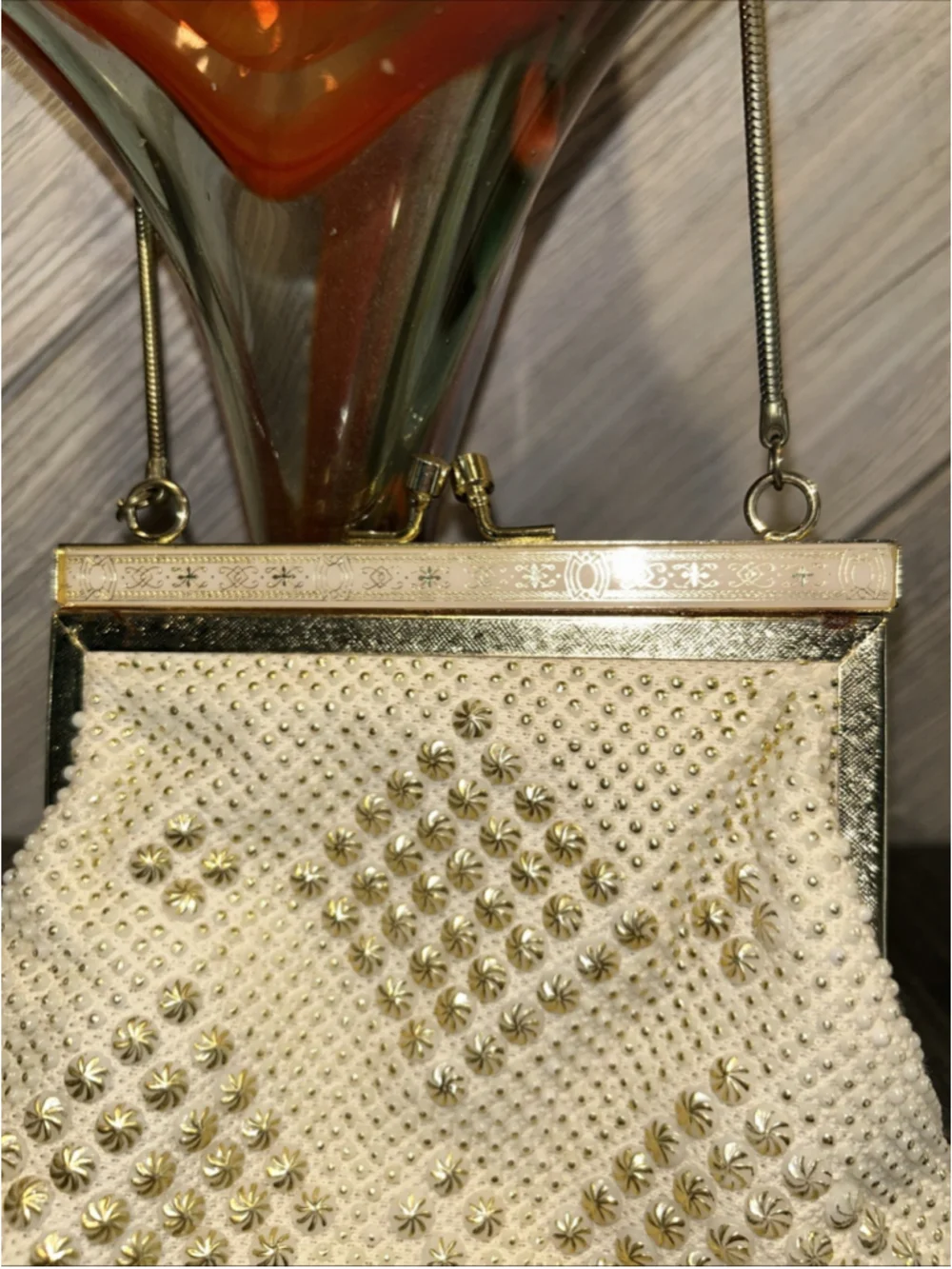 VTG Beaded White Evening Bag Purse Clutch Delicate Design On Metal Trim